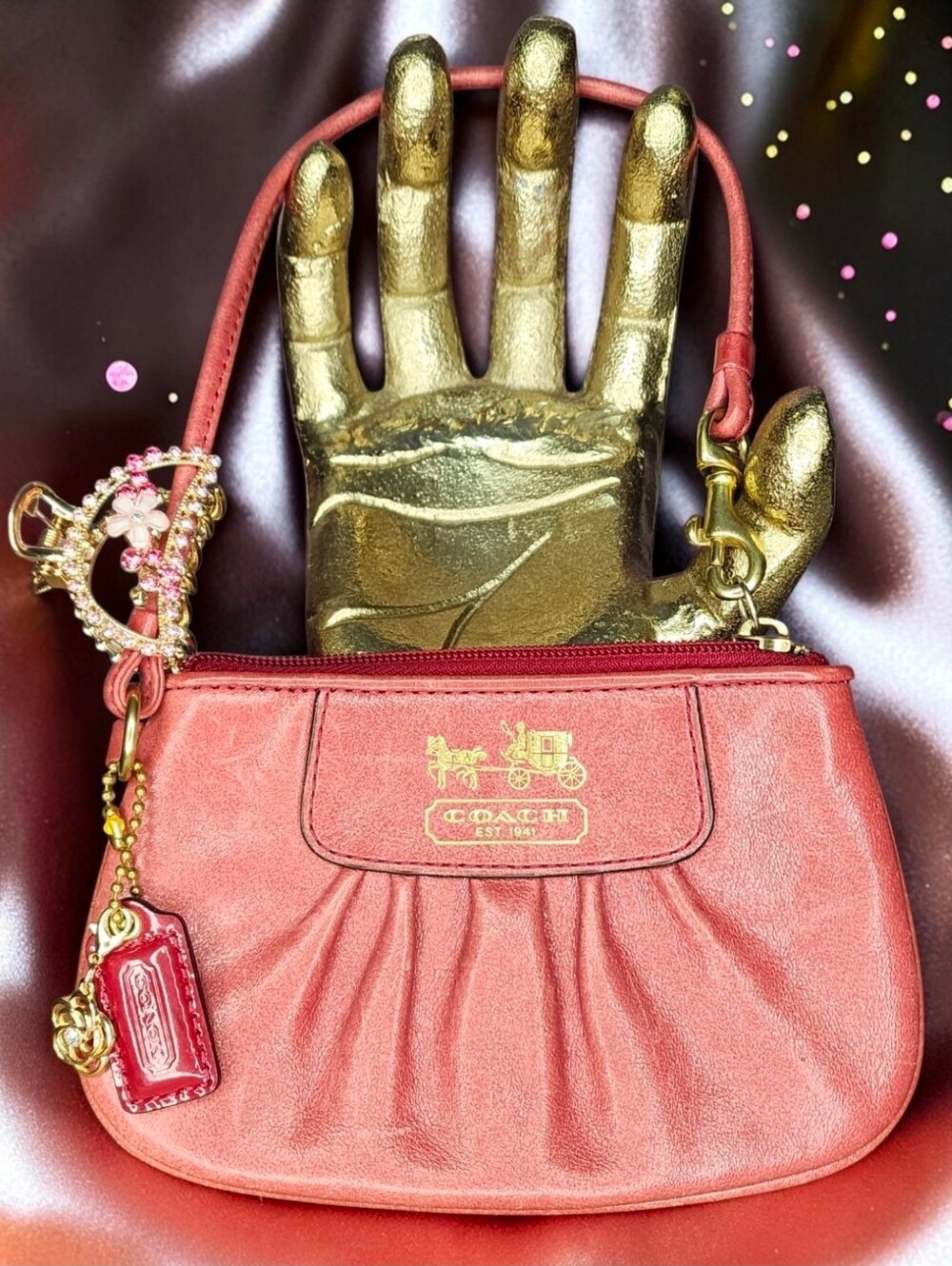 Coach Pink Leather Wristlet Clutch with Gold Hardware